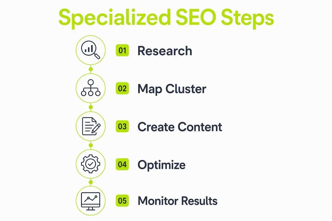 Infographic illustrating steps of specialized SEO strategy