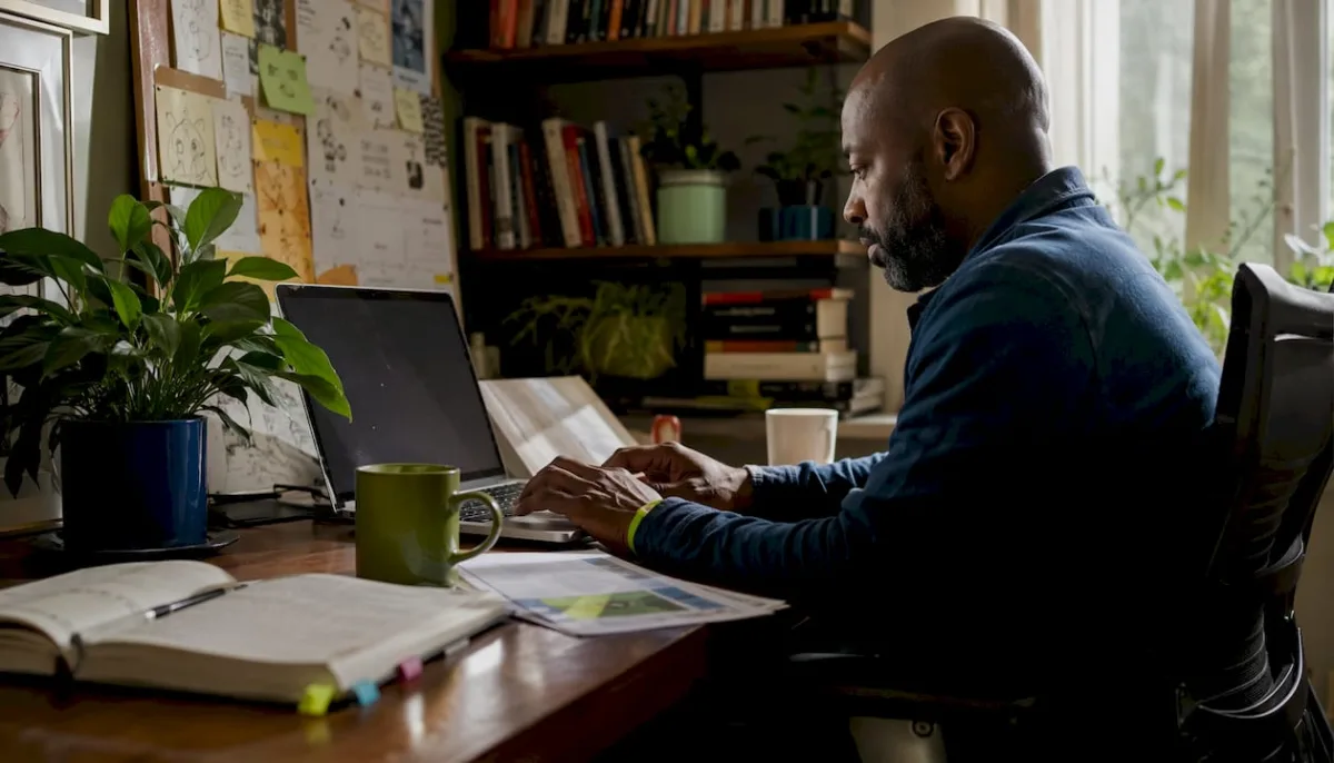 Content creator typing micro-niche blog at desk