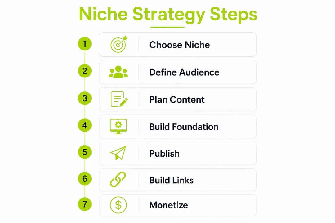Infographic illustrating step-by-step niche website strategy