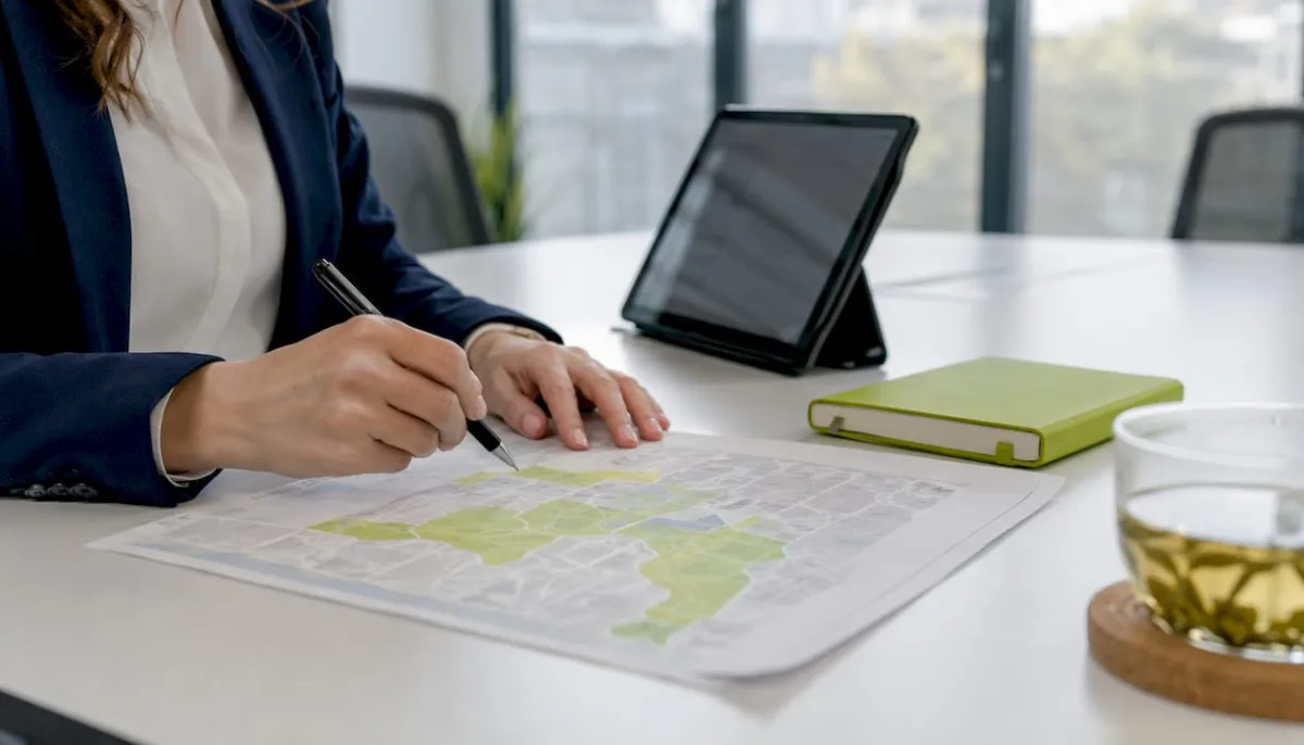Hands pointing at local search map in meeting